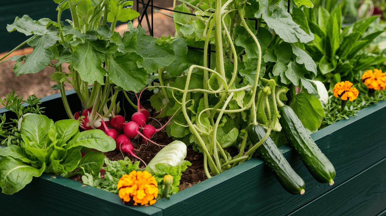 Cucumbers with lettuce, basil and radishes as companion plants in container gardening