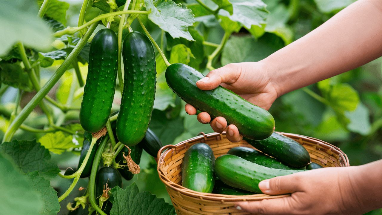 harvesting-a-ripe-english-cucumber-from-a-vine