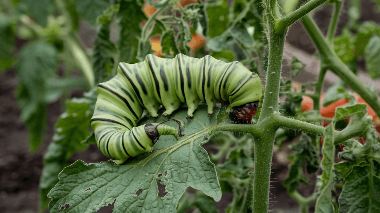 hornworm tomato caterpillar Tomato hornworm crawling on a tomato plant leaf, close-up view