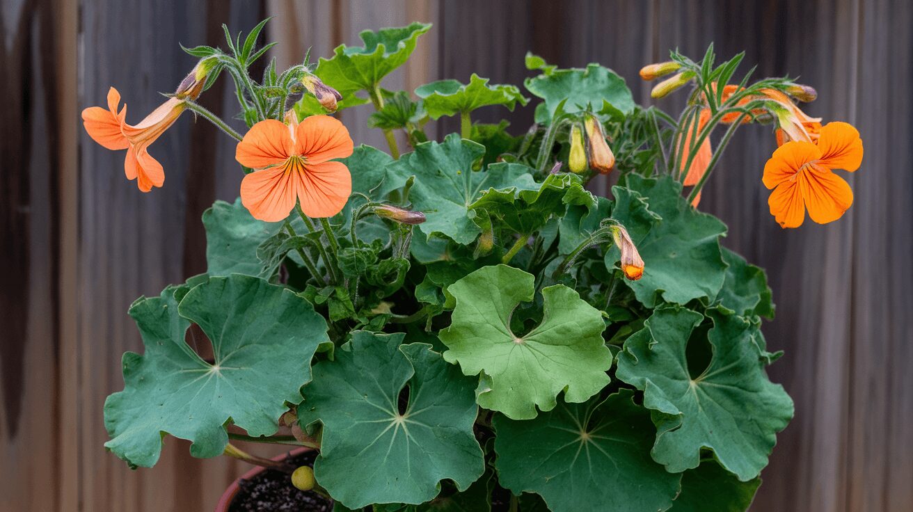 nasturtium-plant in pot with flowers to attract pollinating insects
