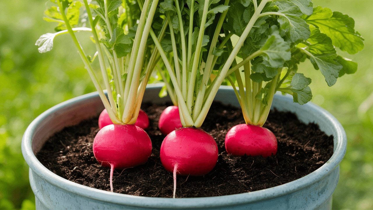 radishes growing in pots