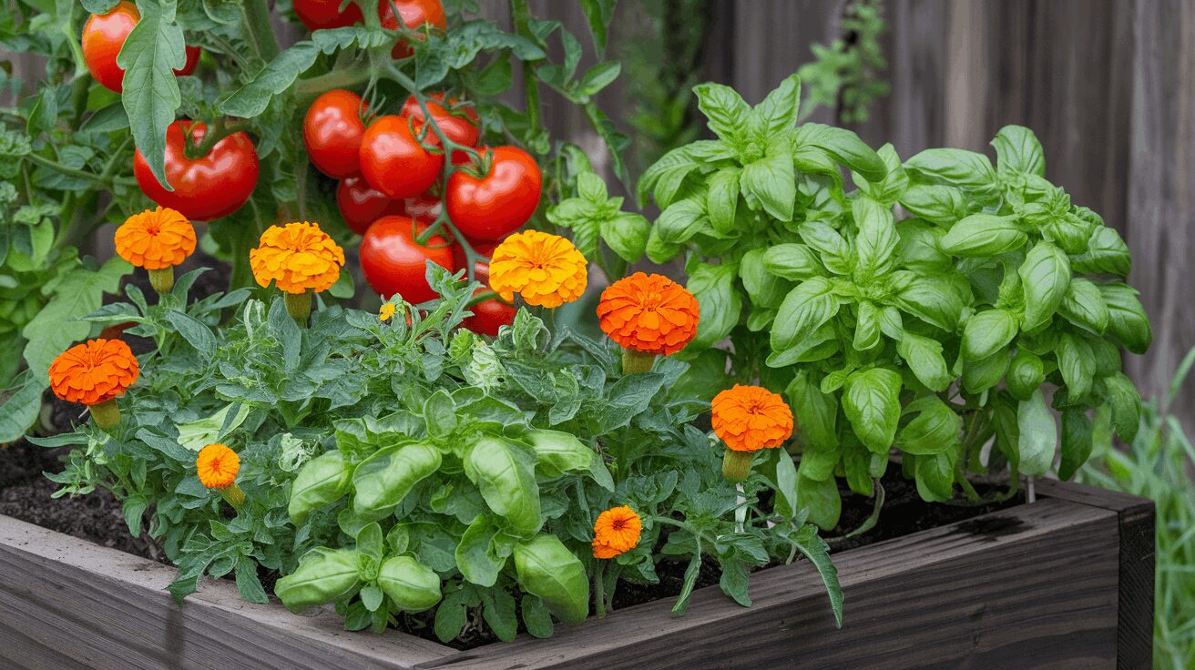 tomato companion plants Tomato garden with companion plants like basil and marigolds for natural hornworm prevention
