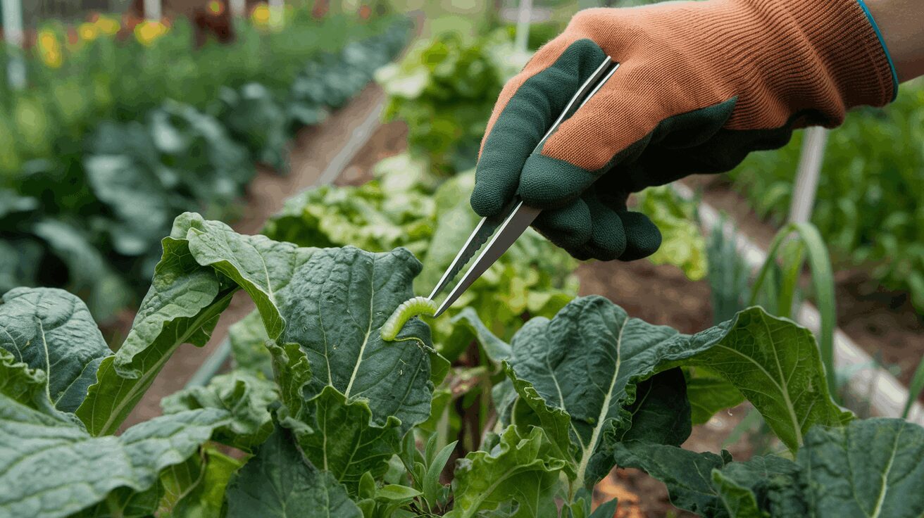 tomato hornworm Gardener removing a tomato hornworm from a tomato plant