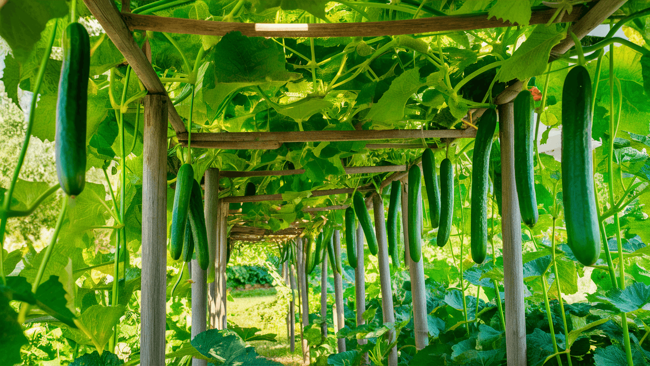 trellises-supporting-lush-English-cucumber-vines