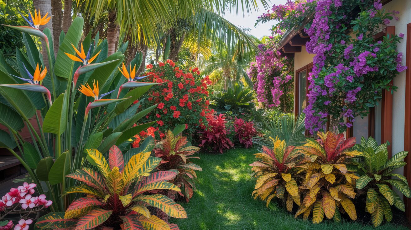 tropical plants with striking foliage and colorful flowers in full sun