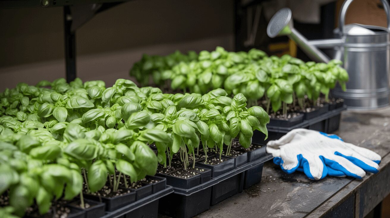 Basil seedlings growing from seeds in a propagation tray.