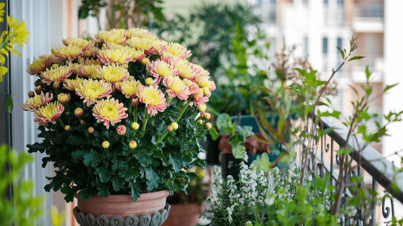 Bushy chrysanthemum care in pots growing in a decorative pot