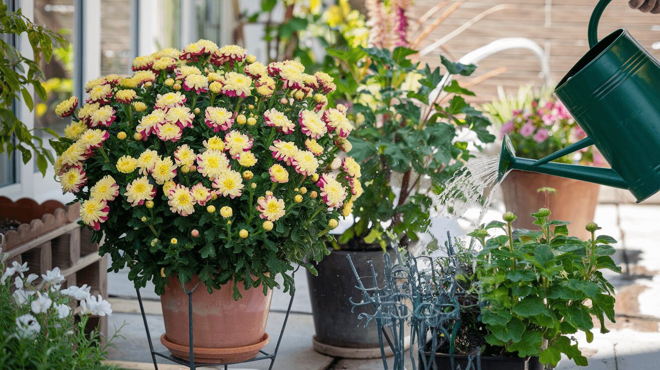 A gardener caring for Chrysanthemums in full bloom outdoors in fall