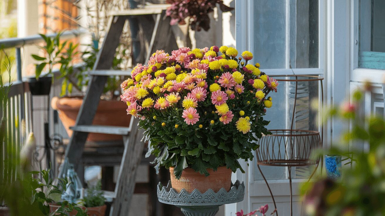 bushy and Vibrant potted chrysanthemums blooming in a sunny balcony