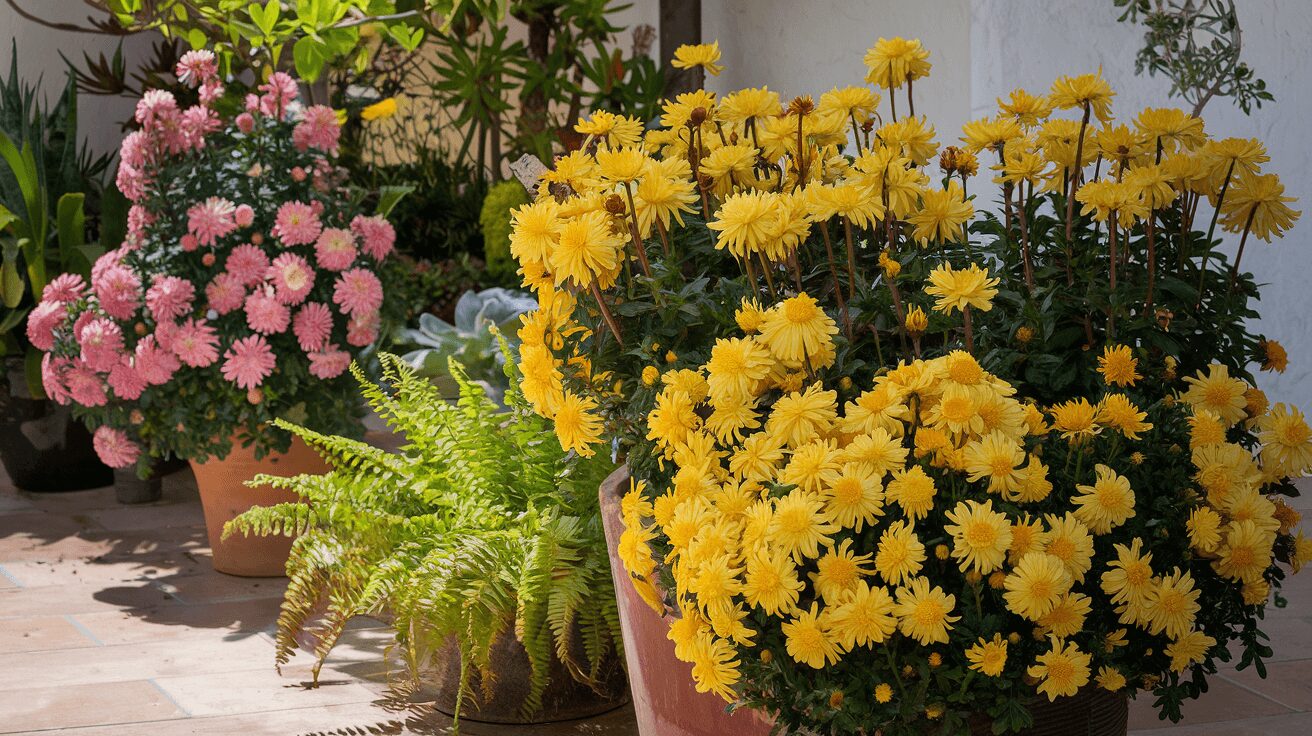 chrysanthemum care in pots on a patio in decorative planters