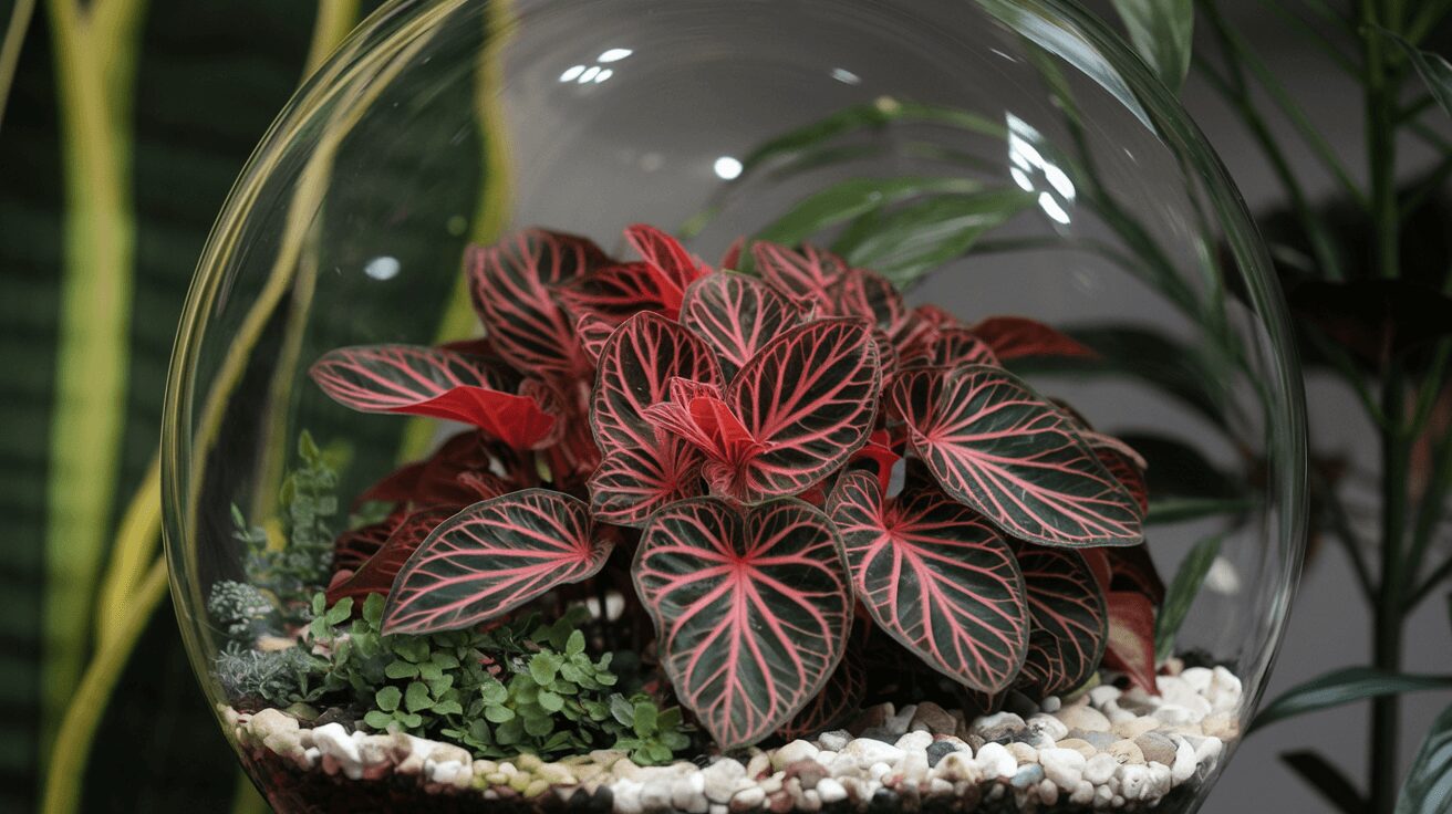 Fittonia in terrarium Fittonia in terrarium setup with bright pink veins and dark leaves