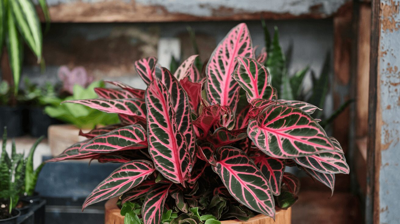 Fittonia indoors Fittonia plant growing in a pot, placed indoors in indirect light by a window indoors
