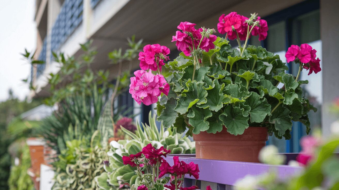 Pink geranium plant in a terracotta pot basking in the sun - Geranium care tips