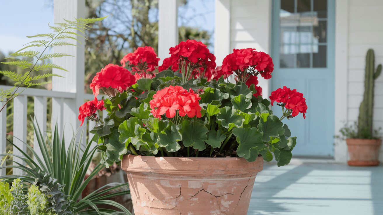 Colorful geraniums blooming in a garden - geranium plant care indoors