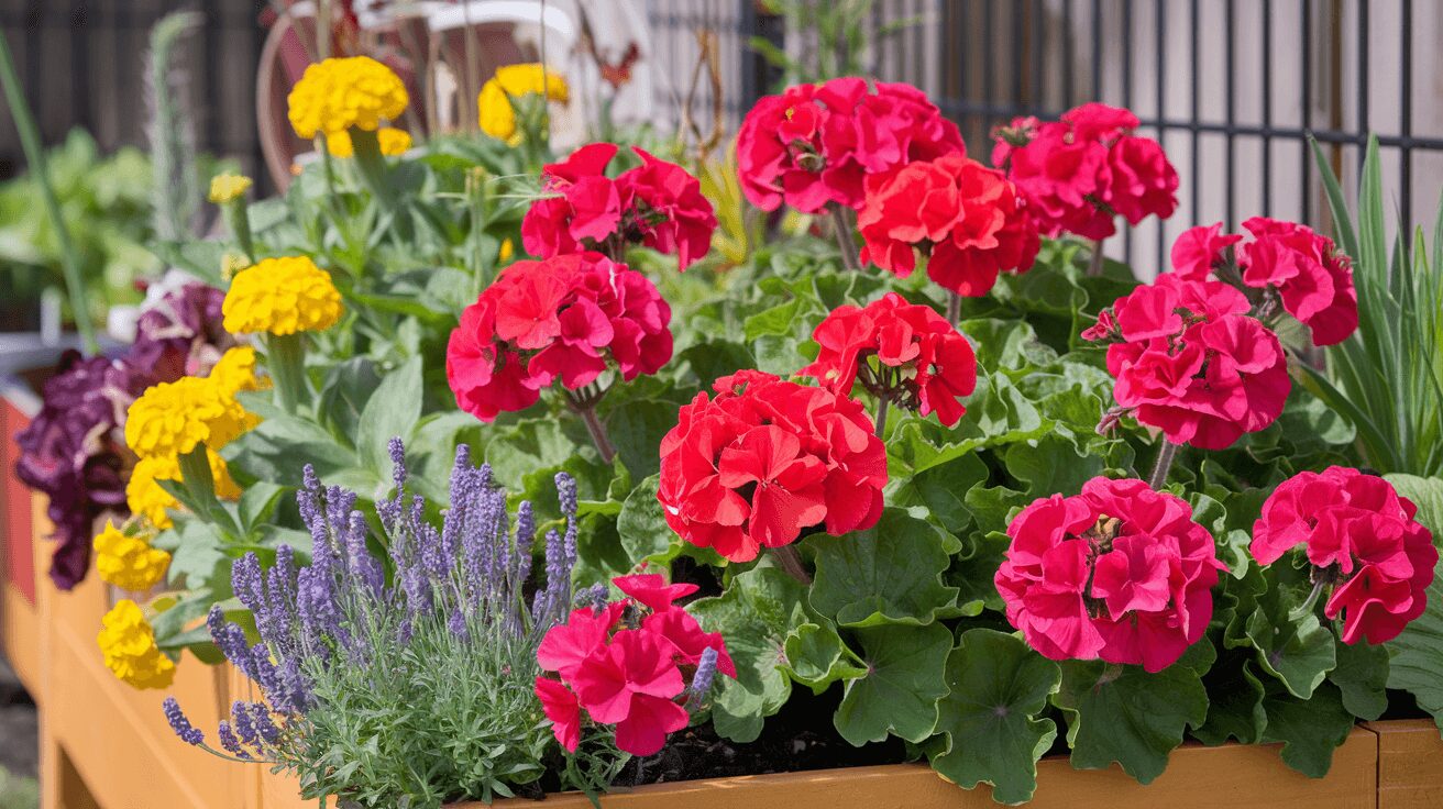 Colorful geraniums with companion plants blooming in a raised bed garden