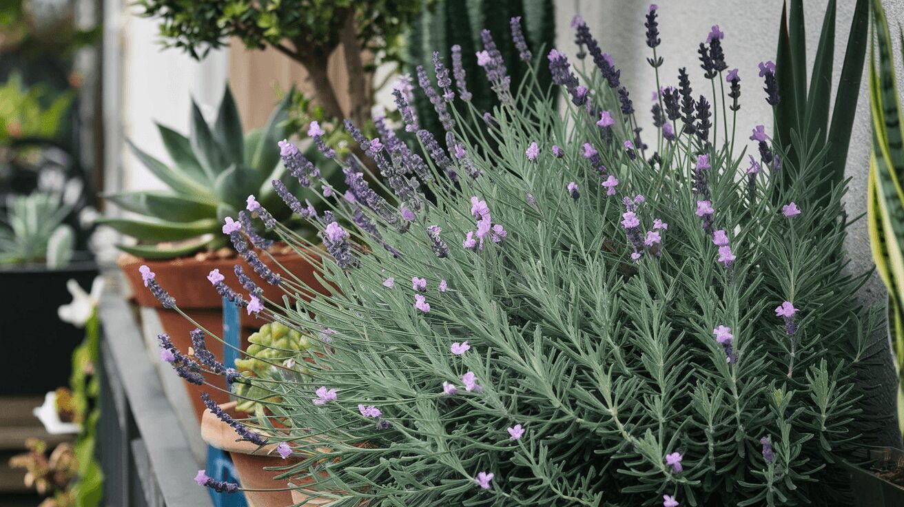 Lavender plants growing in a sunny garden, with bees hovering around the fragrant flowers