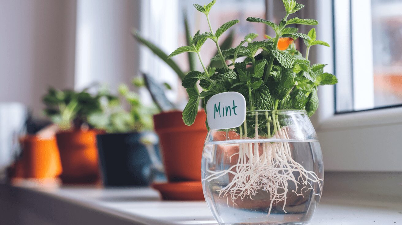 Propagating mint from cuttings in water with roots sprouting