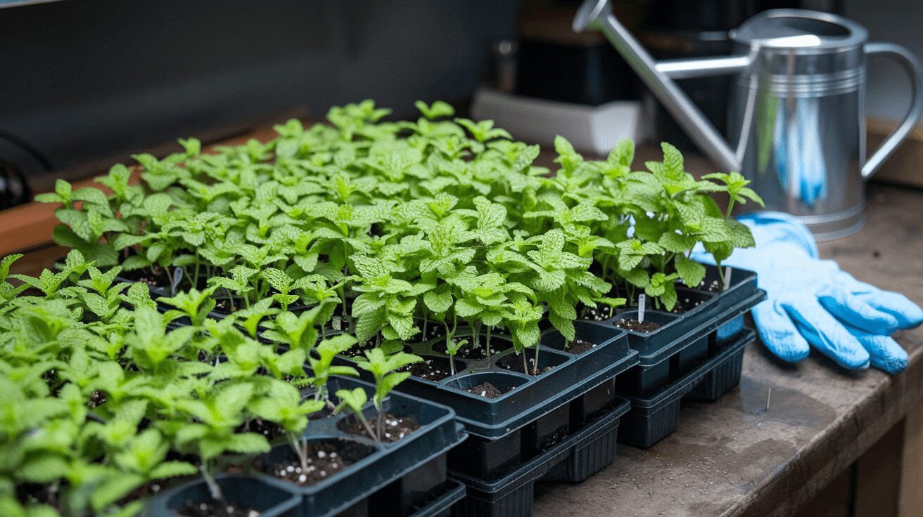 Mint propagated from seeds, growing in a seed tray
