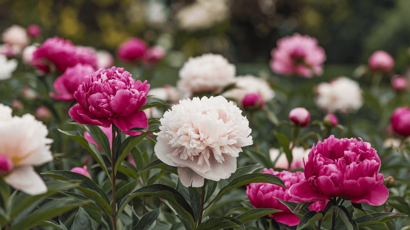 Peonies in full bloom, showcasing their vibrant colors and lush foliage