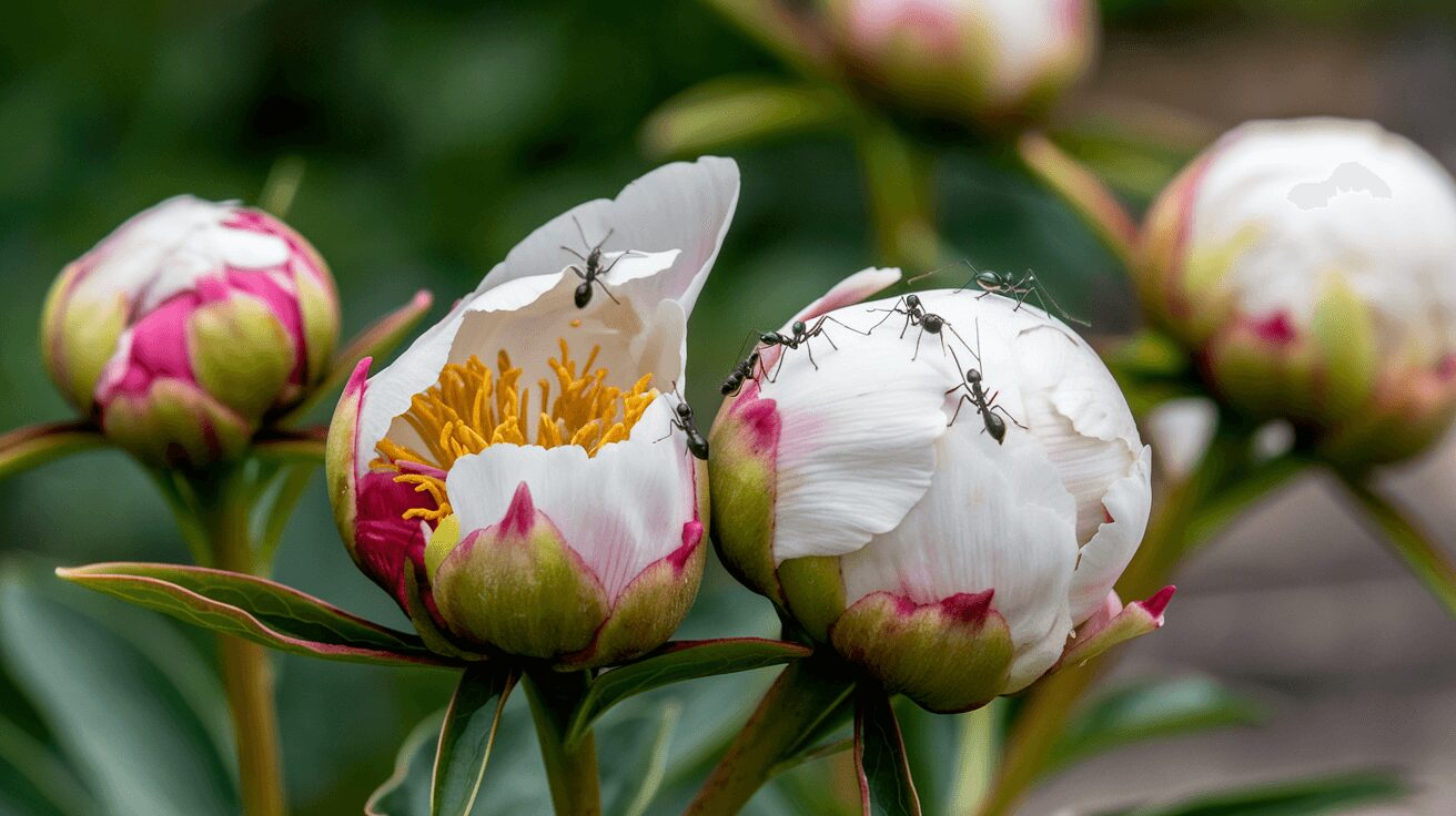 Ants on peony buds, illustrating the symbiotic relationship between ants and peonies