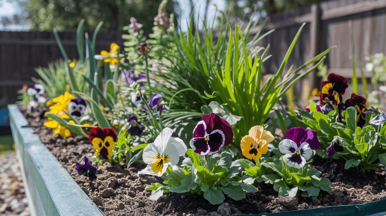 Beautiful pansies blooming in a sunny garden