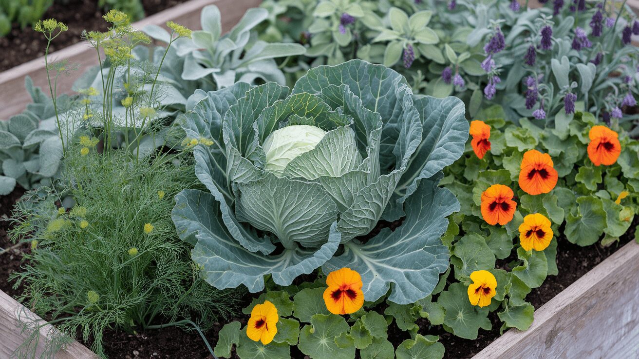 Companion planting with herbs like dill, sage, and nasturtiums
