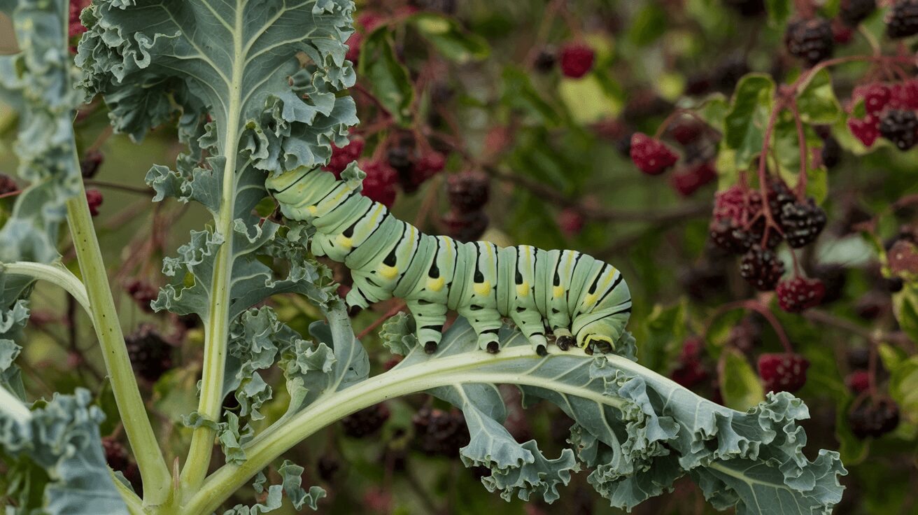 Cabbage worms eating kale leaves causing holes and plant damage
