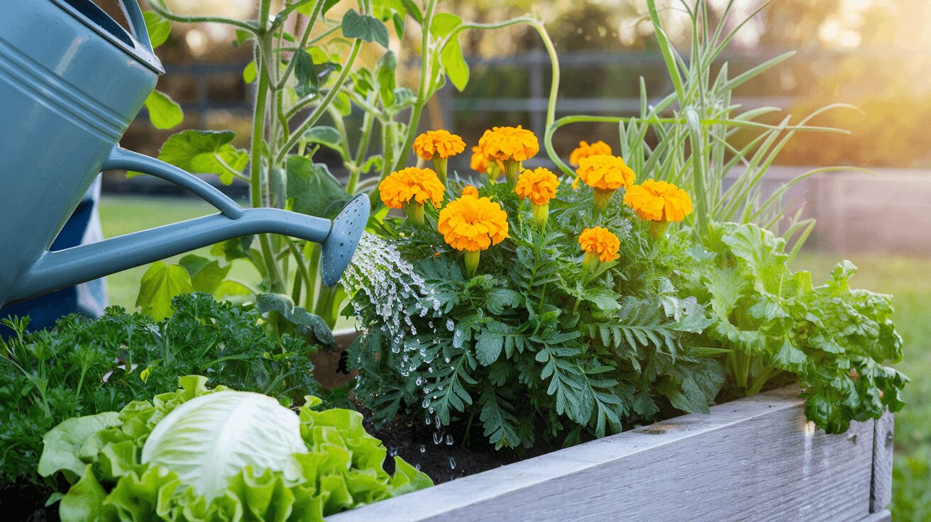 Watering marigold plants with a watering can in the morning