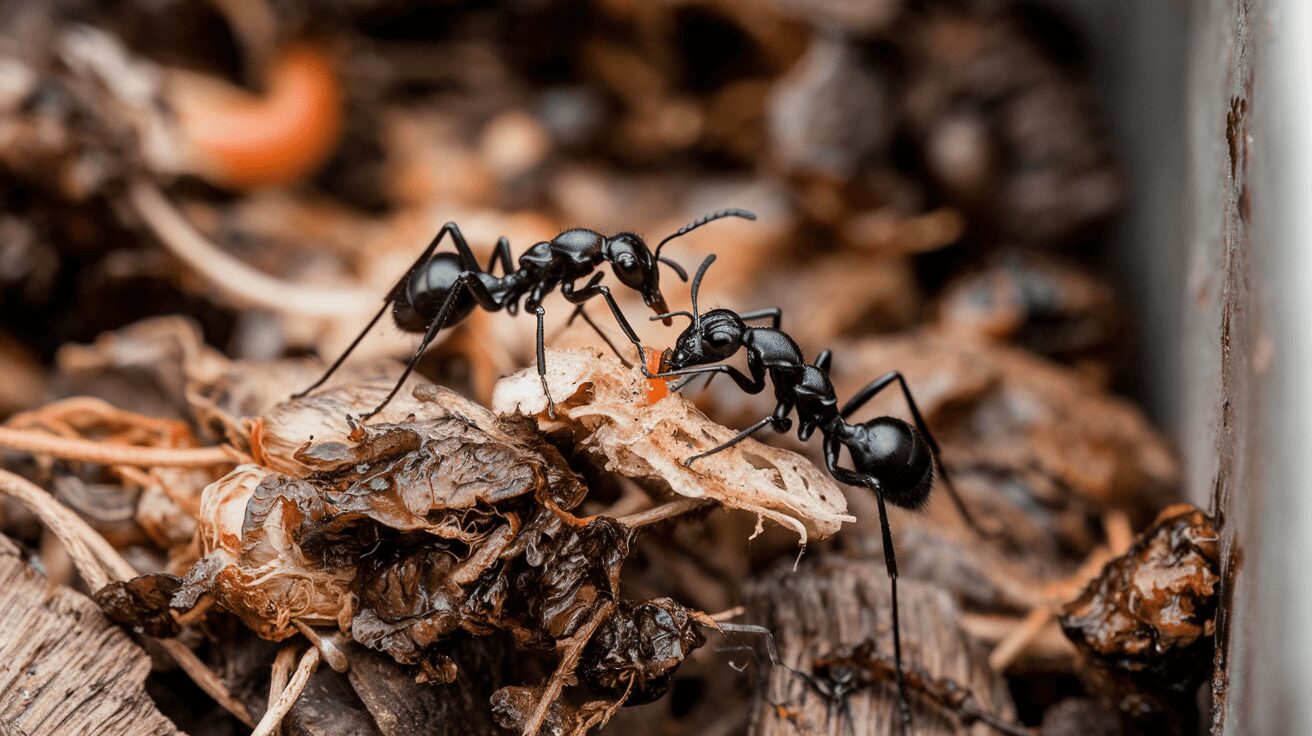 carpenter ants in an outdoor compost pile breaking down organic material