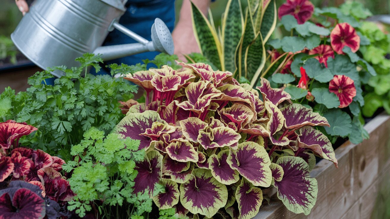coleus care tips Healthy coleus plant with vibrant leaves and a watering can