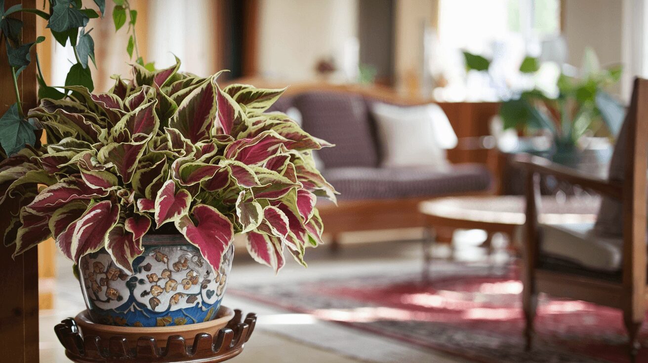 coleus plant care indoors Vibrant coleus plant indoors in a decorative pot with indirect sunlight