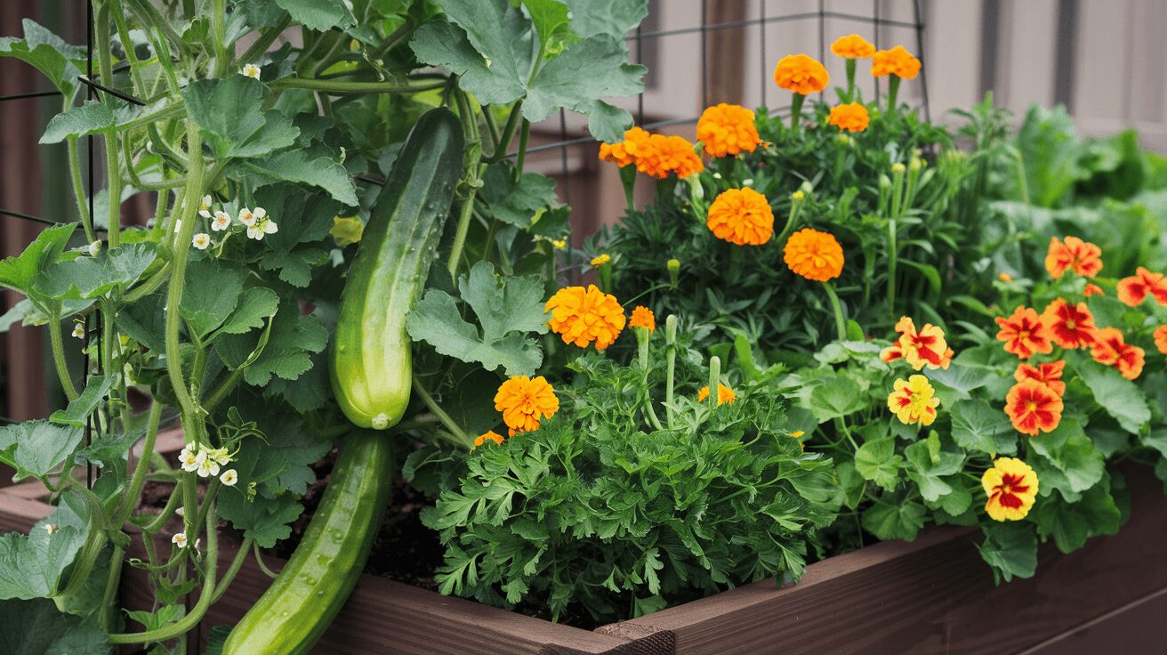 Marigold and nasturtiums flowers used as companion plants to repel bugs
