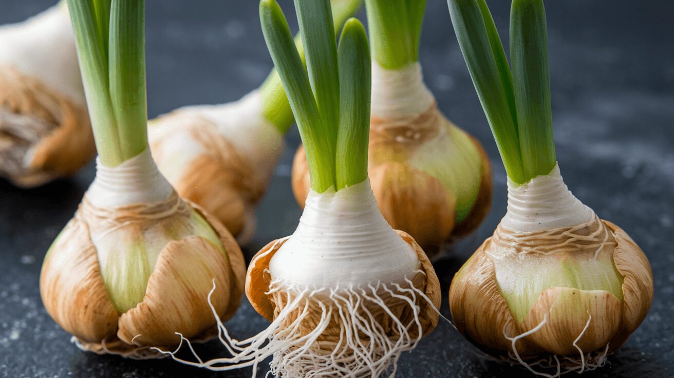 Daffodil bulb sprouting in early spring, showing a fresh green shoot