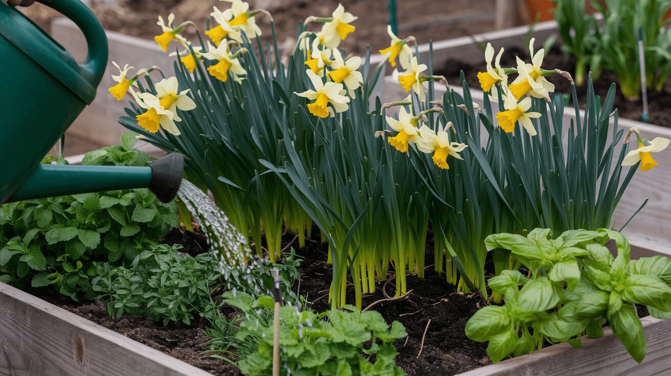 A gardener caring for daffodil plants
