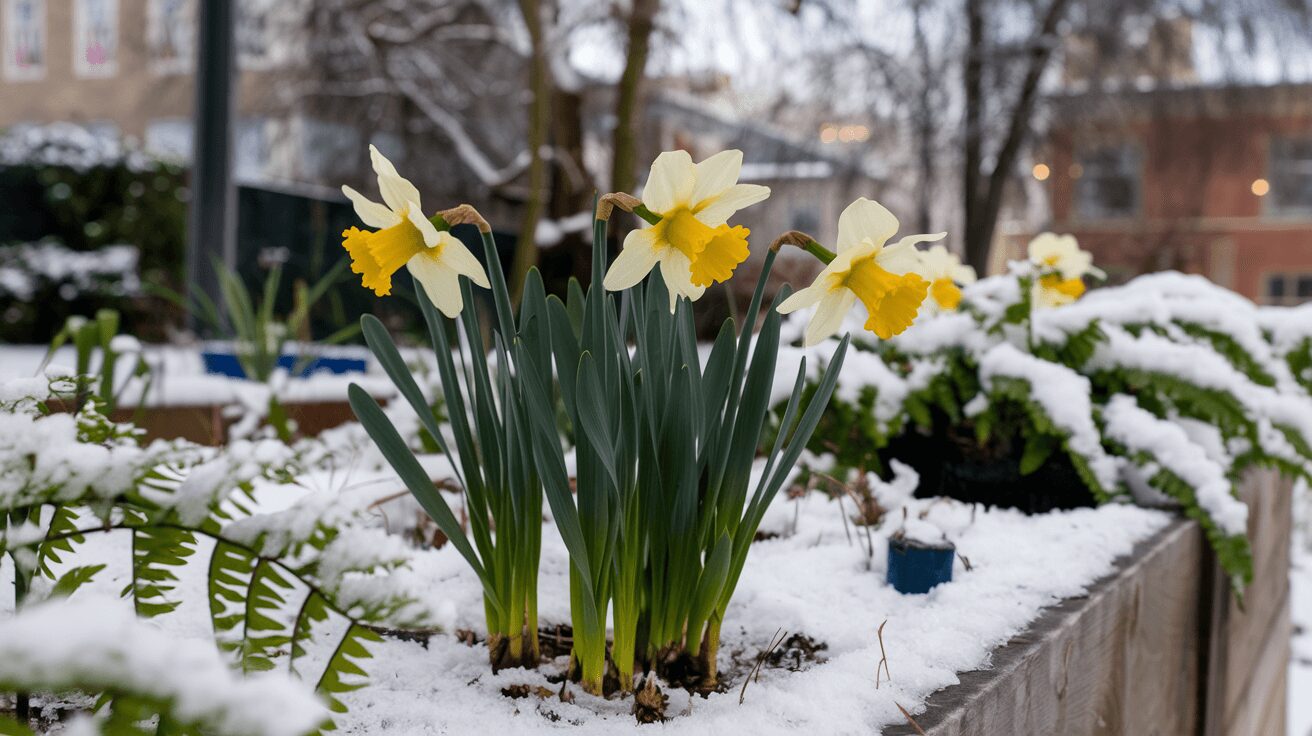 Daffodils growing in snow – winter care tips for hardy plants