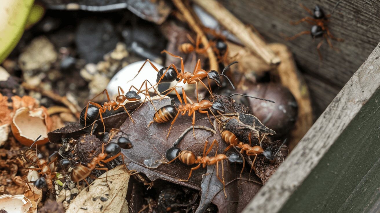Red ants in an outdoor compost pile breaking down organic material