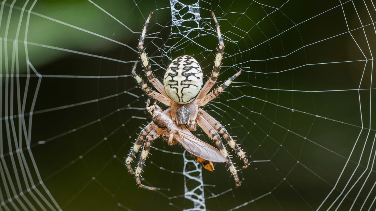 Garden spider eating an insect caught in its web