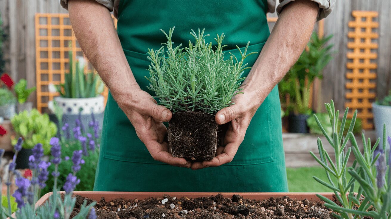 Transplanting lavender seedlings in soil for healthy growth