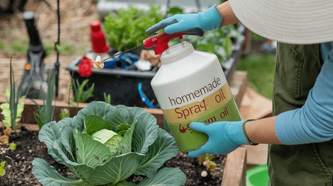 Homemade spray, made from dish soap and neem oil