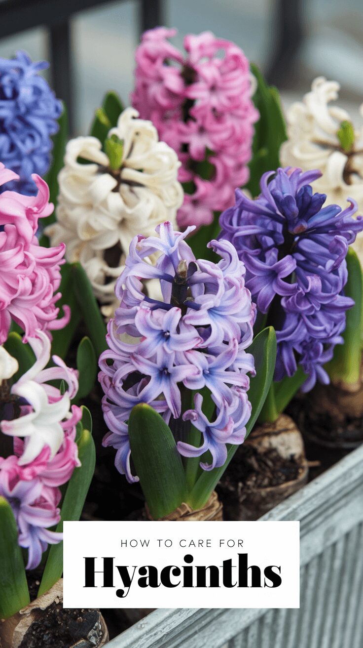 hyacinth plant care Colorful hyacinths blooming in pots in a container garden