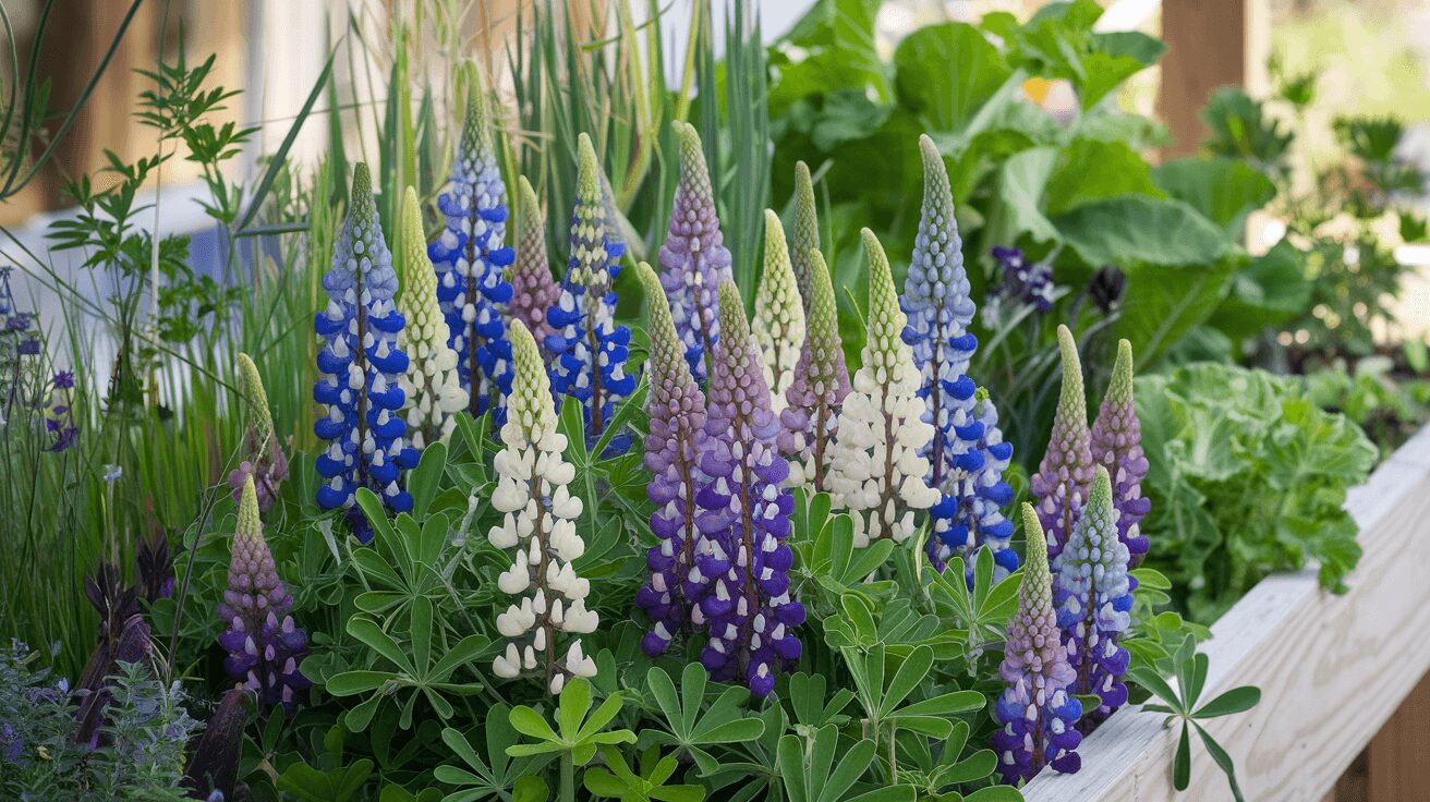 Blooming lupin plants in a sunny garden with vibrant purple, blue, and white flowers