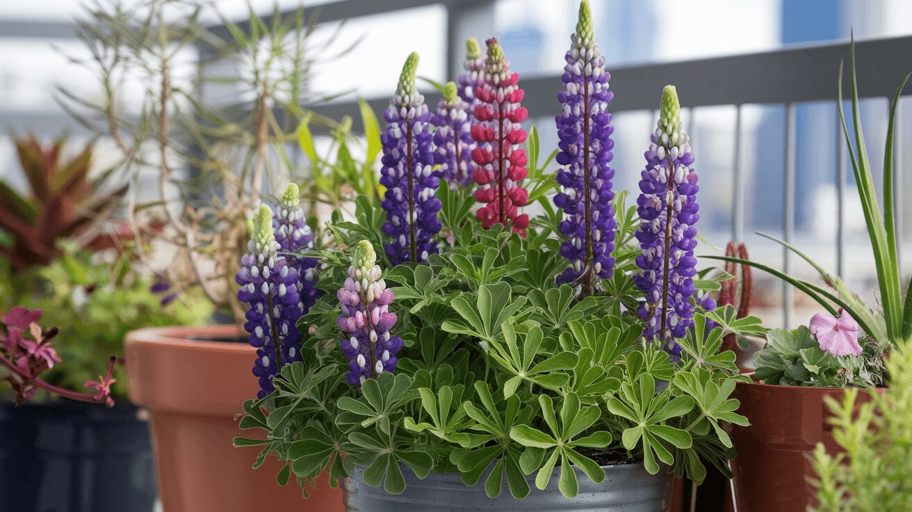 Lupin plant growing in a pot on a balcony, perfect for container indoor gardening