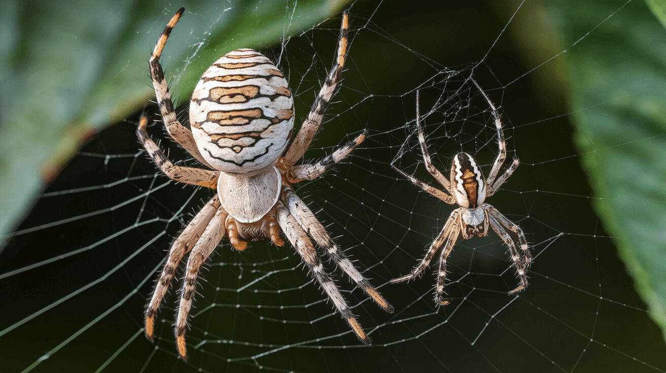 Female garden spider next to a smaller male on a web