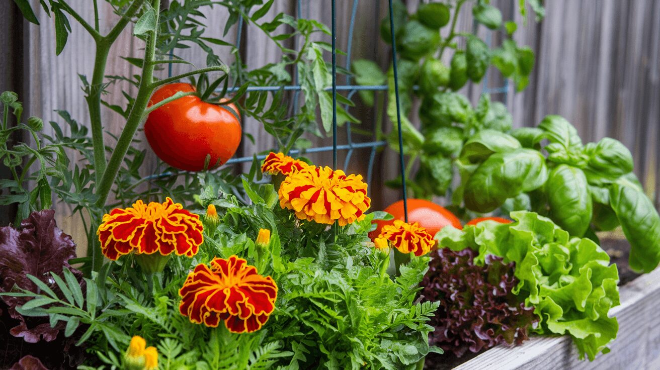 Marigolds planted alongside vegetables in a companion planting garden