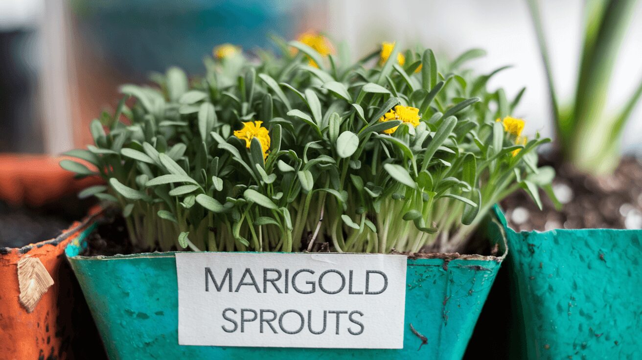Marigold seedlings growing from fresh soil, bathed in sunlight