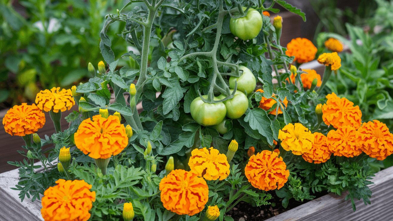 Marigolds planted with tomatoes for natural pest control