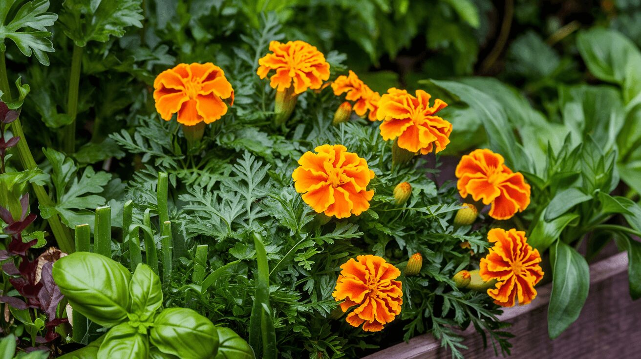 Marigolds growing in a raised bed in an urban gardening setup