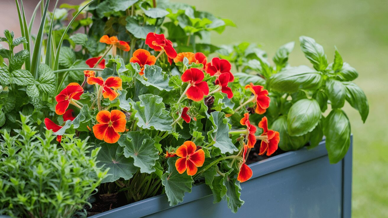 nasturtium-about Nasturtium plant with lush, green leaves in morning sunlight