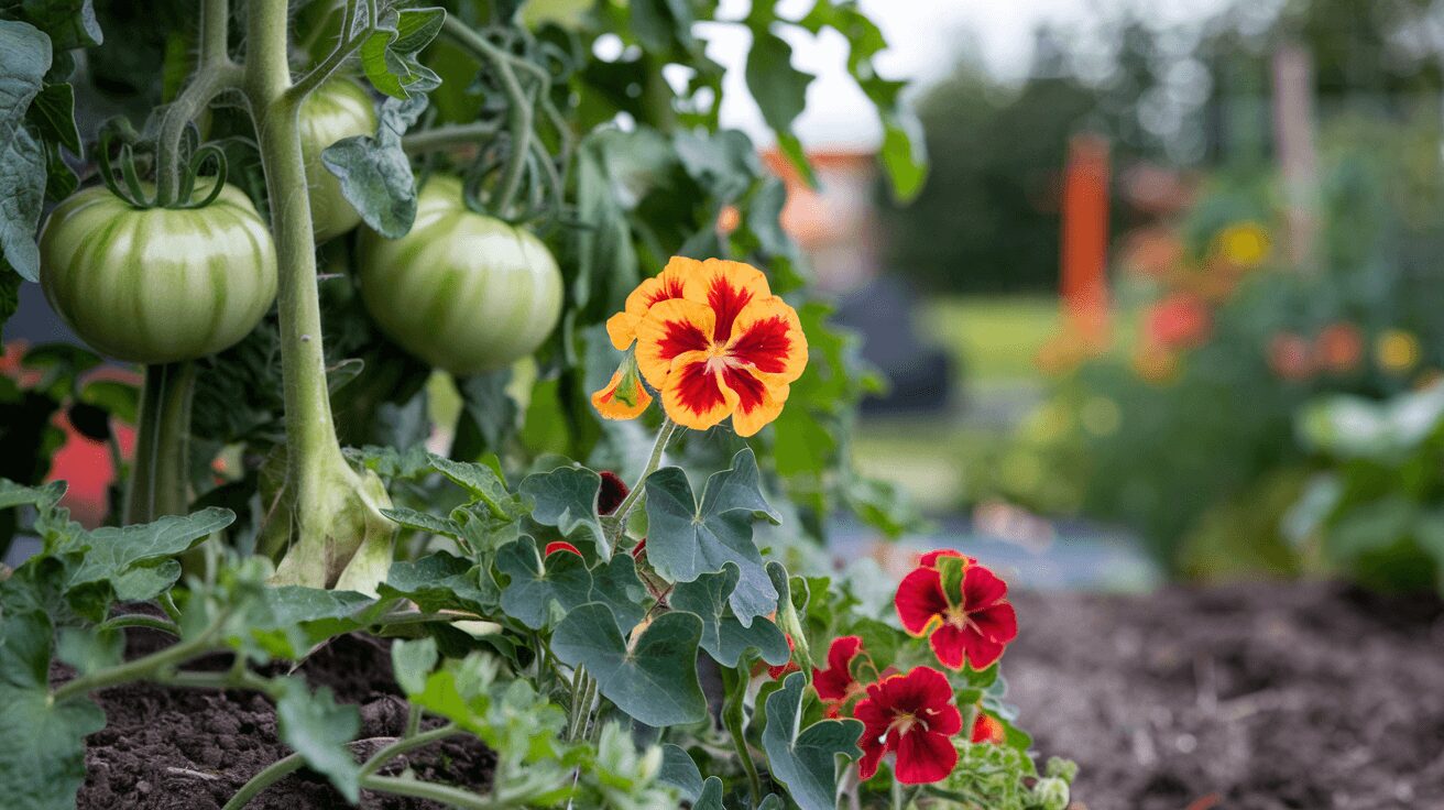 Nasturtiums planted with tomatoes to repel pests