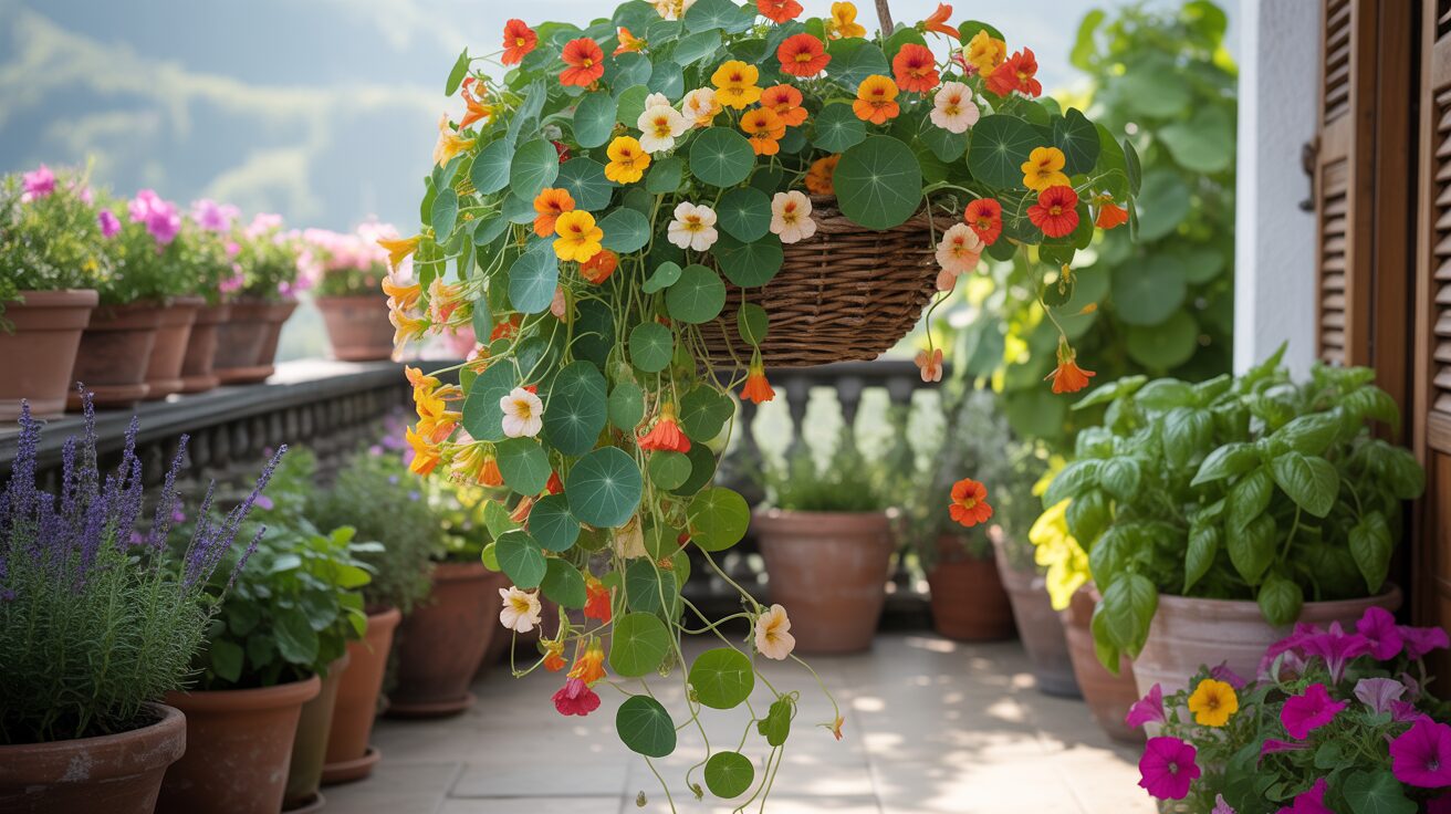 caring for nasturtiums in hanging basket. From seed to blooms